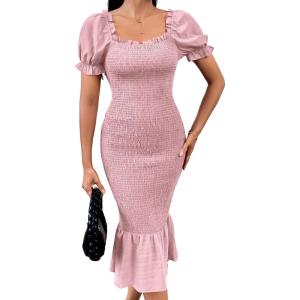 imagePRETTYGARDEN Summer Floral Bodycon Midi Dresses 2026 Puff Sleeve Mermaid Cocktail Baby Shower Photoshoot Maternity DressSolid Pink