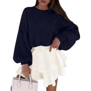 imagePRETTYGARDEN Sweaters for Women 2026 Fall Chunky Knit Long Sleeve Crew Neck Oversized Pullover Tops Winter Fashion ClothingNavy Blue