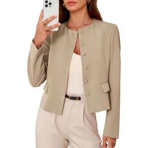 imagePRETTYGARDEN Women Blazers Business Casual Outfits 2026 Fall Fashion Long Sleeve Professional Office Work Suit Jacket ClothesLight Khaki