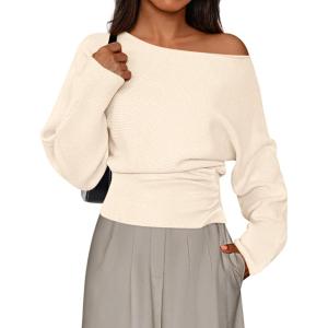 imagePRETTYGARDEN Women Off The Shoulder Sweater 2026 Fall Trendy Long Batwing Sleeve Knit Pullover Going Out Tops Winter ClothingBeige