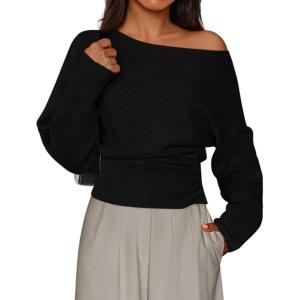 imagePRETTYGARDEN Women Off The Shoulder Sweater 2026 Fall Trendy Long Batwing Sleeve Knit Pullover Going Out Tops Winter ClothingBlack