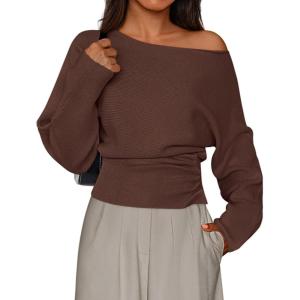 imagePRETTYGARDEN Women Off The Shoulder Sweater 2026 Fall Trendy Long Batwing Sleeve Knit Pullover Going Out Tops Winter ClothingBrown