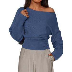 imagePRETTYGARDEN Women Off The Shoulder Sweater 2026 Fall Trendy Long Batwing Sleeve Knit Pullover Going Out Tops Winter ClothingDark Blue