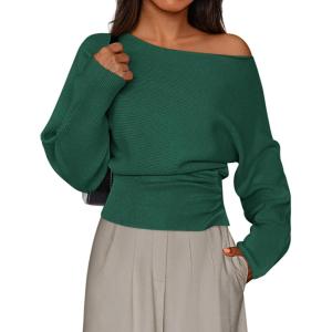 imagePRETTYGARDEN Women Off The Shoulder Sweater 2026 Fall Trendy Long Batwing Sleeve Knit Pullover Going Out Tops Winter ClothingGreen