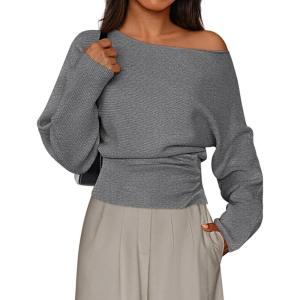 imagePRETTYGARDEN Women Off The Shoulder Sweater 2026 Fall Trendy Long Batwing Sleeve Knit Pullover Going Out Tops Winter ClothingGrey
