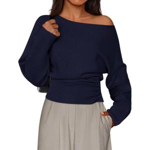 imagePRETTYGARDEN Women Off The Shoulder Sweater 2026 Fall Trendy Long Batwing Sleeve Knit Pullover Going Out Tops Winter ClothingNavy Blue