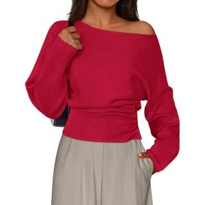imagePRETTYGARDEN Women Off The Shoulder Sweater 2026 Fall Trendy Long Batwing Sleeve Knit Pullover Going Out Tops Winter ClothingRed