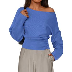 imagePRETTYGARDEN Women Off The Shoulder Sweater 2026 Fall Trendy Long Batwing Sleeve Knit Pullover Going Out Tops Winter ClothingSky Blue