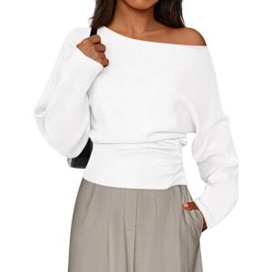 imagePRETTYGARDEN Women Off The Shoulder Sweater 2026 Fall Trendy Long Batwing Sleeve Knit Pullover Going Out Tops Winter ClothingWhite