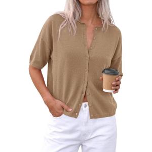 imagePRETTYGARDEN Women Spring Short Sleeve Cardigan Sweaters Button Down Knit Shirt Blouse Dressy Casual Tops 2026 Summer OutfitsKhaki