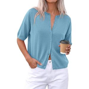 imagePRETTYGARDEN Women Spring Short Sleeve Cardigan Sweaters Button Down Knit Shirt Blouse Dressy Casual Tops 2026 Summer OutfitsLight Blue