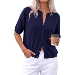 imagePRETTYGARDEN Women Spring Short Sleeve Cardigan Sweaters Button Down Knit Shirt Blouse Dressy Casual Tops 2026 Summer OutfitsNavy Blue
