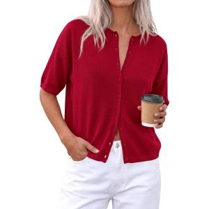 imagePRETTYGARDEN Women Spring Short Sleeve Cardigan Sweaters Button Down Knit Shirt Blouse Dressy Casual Tops 2026 Summer OutfitsRed