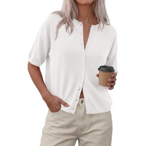 imagePRETTYGARDEN Women Spring Short Sleeve Cardigan Sweaters Button Down Knit Shirt Blouse Dressy Casual Tops 2026 Summer OutfitsWhite