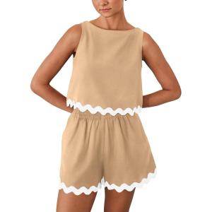 imagePRETTYGARDEN Womens 2 Piece Beach Vacation Outfits Casual Cropped Tank Top High Waist Shorts Set Tracksuit KhakiLarge