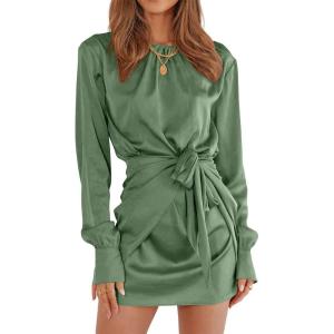 imagePRETTYGARDEN Womens 2023 Spring Satin Dress Long Sleeve Tie Waist Elegant Cocktail Party Mini DressesArmy Green