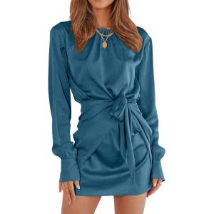 imagePRETTYGARDEN Womens 2023 Spring Satin Dress Long Sleeve Tie Waist Elegant Cocktail Party Mini DressesDark Blue