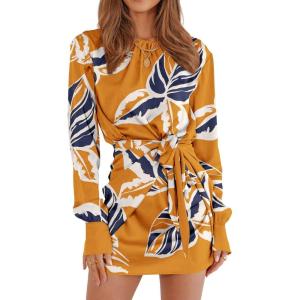 imagePRETTYGARDEN Womens 2023 Spring Satin Dress Long Sleeve Tie Waist Elegant Cocktail Party Mini DressesPrint Yellow Big Leaves