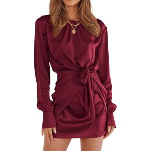 imagePRETTYGARDEN Womens 2023 Spring Satin Dress Long Sleeve Tie Waist Elegant Cocktail Party Mini DressesWine Red