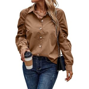 imagePRETTYGARDEN Womens 2024 Fall Fashion Button Down Shirts Ruched Long Sleeve Business Casual Blouse Tops BrownMedium