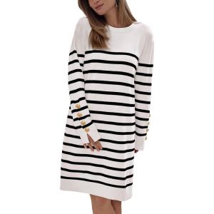 imagePRETTYGARDEN Womens 2024 Fall Sweater Dress Crewneck Long Sleeve Pullover Sweaters Casual Cute Loose Fit Knit Short Dresses Striped WhiteLarge