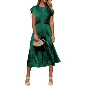 imagePRETTYGARDEN Womens 2024 Summer Satin Midi Dress Cap Sleeve Tie Waist Elegant ALine Flowy Dresses Dark GreenLarge