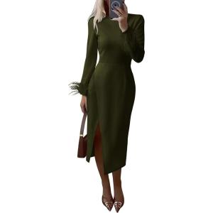 imagePRETTYGARDEN Womens 2025 Fall Long Sleeve Dress Formal Midi Bodycon Wrap Slit Feather Elegant Wedding Guest Cocktail DressesArmy Green