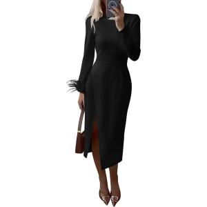 imagePRETTYGARDEN Womens 2025 Fall Long Sleeve Dress Formal Midi Bodycon Wrap Slit Feather Elegant Wedding Guest Cocktail DressesBlack