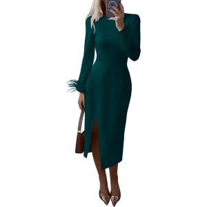 imagePRETTYGARDEN Womens 2025 Fall Long Sleeve Dress Formal Midi Bodycon Wrap Slit Feather Elegant Wedding Guest Cocktail DressesDark Green