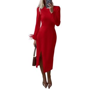 imagePRETTYGARDEN Womens 2025 Fall Long Sleeve Dress Formal Midi Bodycon Wrap Slit Feather Elegant Wedding Guest Cocktail DressesRed