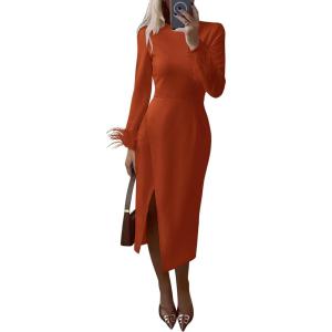 imagePRETTYGARDEN Womens 2025 Fall Long Sleeve Dress Formal Midi Bodycon Wrap Slit Feather Elegant Wedding Guest Cocktail DressesRust Red
