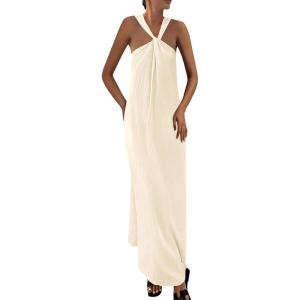 imagePRETTYGARDEN Womens 2026 Casual Long Summer Dresses Sleeveless Strappy Loose Flowy Beach Vacation Maxi Dress with PocketsApricot