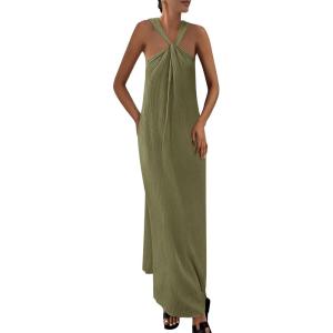 imagePRETTYGARDEN Womens 2026 Casual Long Summer Dresses Sleeveless Strappy Loose Flowy Beach Vacation Maxi Dress with PocketsArmy Green