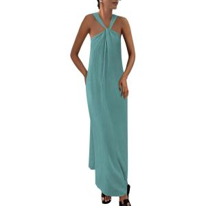 imagePRETTYGARDEN Womens 2026 Casual Long Summer Dresses Sleeveless Strappy Loose Flowy Beach Vacation Maxi Dress with PocketsBlue Green