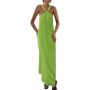 imagePRETTYGARDEN Womens 2026 Casual Long Summer Dresses Sleeveless Strappy Loose Flowy Beach Vacation Maxi Dress with PocketsGreen