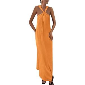imagePRETTYGARDEN Womens 2026 Casual Long Summer Dresses Sleeveless Strappy Loose Flowy Beach Vacation Maxi Dress with PocketsOrange Yellow