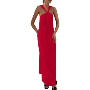 imagePRETTYGARDEN Womens 2026 Casual Long Summer Dresses Sleeveless Strappy Loose Flowy Beach Vacation Maxi Dress with PocketsRed