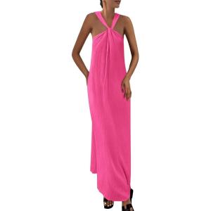 imagePRETTYGARDEN Womens 2026 Casual Long Summer Dresses Sleeveless Strappy Loose Flowy Beach Vacation Maxi Dress with PocketsRose Pink