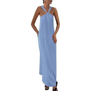 imagePRETTYGARDEN Womens 2026 Casual Long Summer Dresses Sleeveless Strappy Loose Flowy Beach Vacation Maxi Dress with PocketsSky Blue