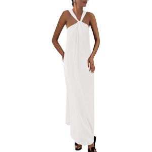imagePRETTYGARDEN Womens 2026 Casual Long Summer Dresses Sleeveless Strappy Loose Flowy Beach Vacation Maxi Dress with PocketsWhite
