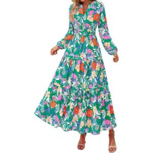 imagePRETTYGARDEN Womens 2026 Fall Fashion Clothing Boho Maxi Dresses Floral Long Sleeve Flowy Elegant Wedding Guest Holiday DressFloral Green Orange