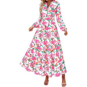 imagePRETTYGARDEN Womens 2026 Fall Fashion Clothing Boho Maxi Dresses Floral Long Sleeve Flowy Elegant Wedding Guest Holiday DressFloral Green Pink
