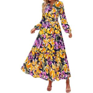imagePRETTYGARDEN Womens 2026 Fall Fashion Clothing Boho Maxi Dresses Floral Long Sleeve Flowy Elegant Wedding Guest Holiday DressFloral Navy Yellow