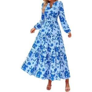 imagePRETTYGARDEN Womens 2026 Fall Fashion Clothing Boho Maxi Dresses Floral Long Sleeve Flowy Elegant Wedding Guest Holiday DressSky Blue