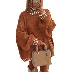 imagePRETTYGARDEN Womens 2026 Fall Oversized Pullover Sweaters Long Sleeve Mock Neck Chunky Knit Jumper Tops Winter ClothingBrick Red