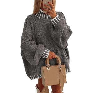 imagePRETTYGARDEN Womens 2026 Fall Oversized Pullover Sweaters Long Sleeve Mock Neck Chunky Knit Jumper Tops Winter ClothingGrey