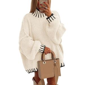 imagePRETTYGARDEN Womens 2026 Fall Oversized Pullover Sweaters Long Sleeve Mock Neck Chunky Knit Jumper Tops Winter ClothingWhite