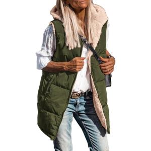 imagePRETTYGARDEN Womens 2026 Fall Reversible Long Vests Sleeveless Fleece Jacket Zip Up Hoodie Pockets Warm Coat Winter ClothingArmy Green