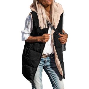 imagePRETTYGARDEN Womens 2026 Fall Reversible Long Vests Sleeveless Fleece Jacket Zip Up Hoodie Pockets Warm Coat Winter ClothingBlack