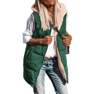 imagePRETTYGARDEN Womens 2026 Fall Reversible Long Vests Sleeveless Fleece Jacket Zip Up Hoodie Pockets Warm Coat Winter ClothingDark Green